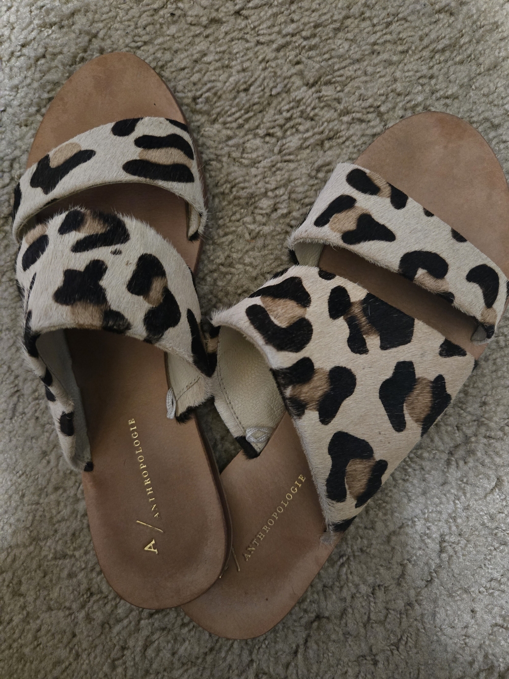 Anthropologie Leopard Print Slide Sandals - Tan, Black, Cream